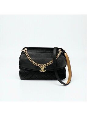 Chanel Bag Shoulder Leather Black Gold Quilted Turn Lock Double